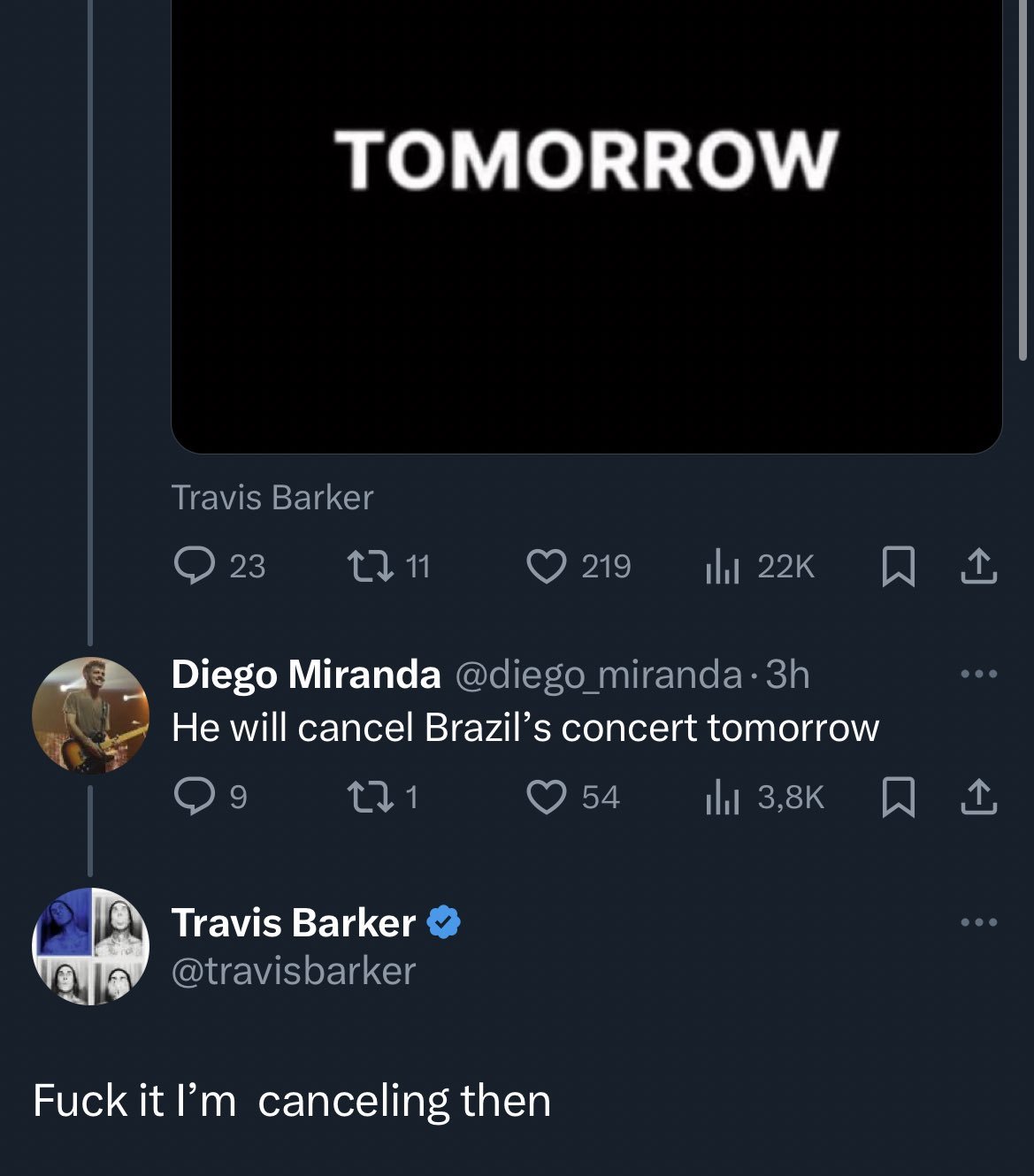 Travis Barker responde tuíte de Diego Miranda