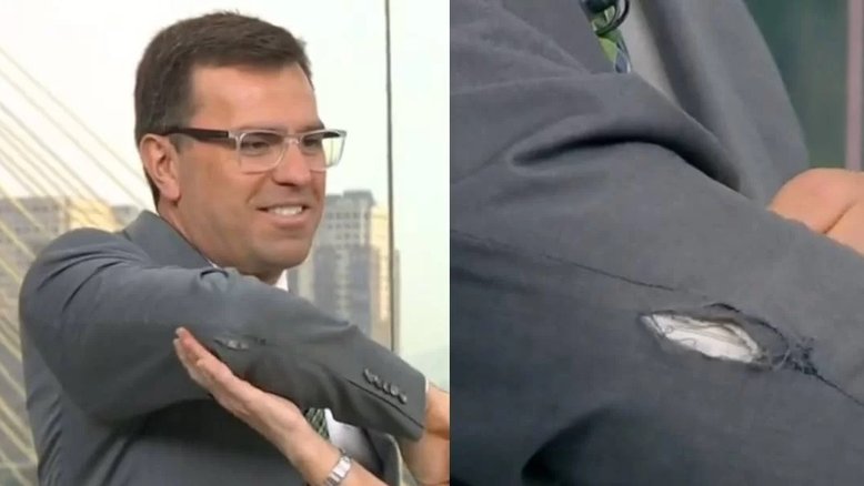 Rodrigo Bocardi aparece com terno rasgado ao vivo no 'Bom Dia SP'; vídeo