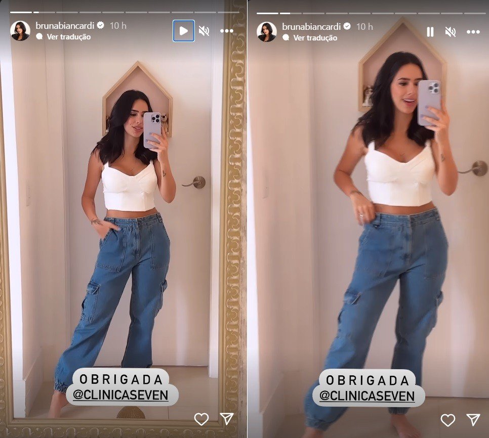 Bruna Biancardi recupera forma física dois meses após parto e comemora: 'Voltei a entrar nas calças jeans'
