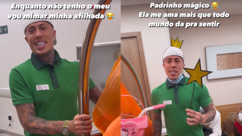 MC Daniel conhece afilhada, filha recém-nascida de MC Ryan, e a presenteia com bicicleta e patins