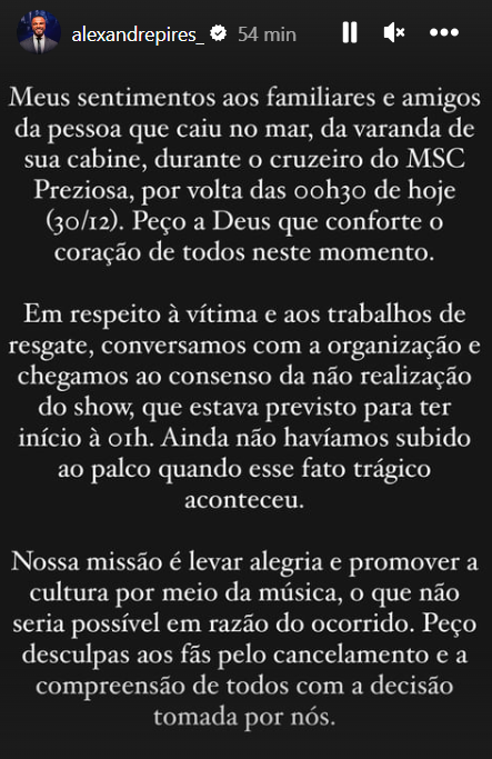 Alexandre Pires cancela show em cruzeiro após homem cair no mar