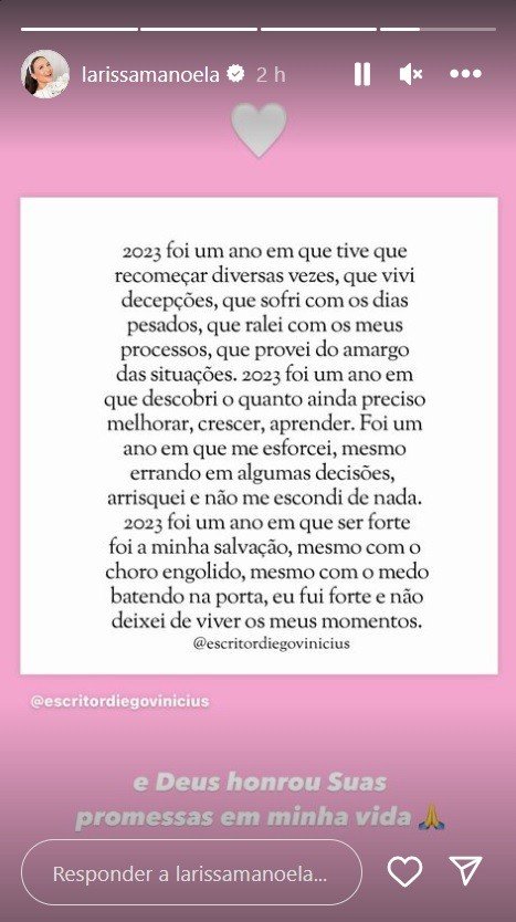 Após rompimento com a família, polêmicas e casamento, Larissa Manoela reflete sobre 2023: ‘Recomeçar’ 2 Após rompimento com a família, polêmicas e casamento, Larissa Manoela reflete sobre 2023: ‘Recomeçar’