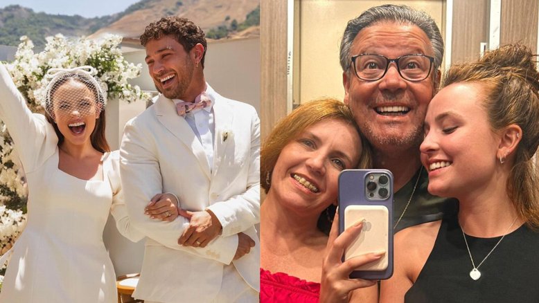 Larissa Manoela com o marido, André Luiz Frambach (à esquerda) e com os pais, Silvana Taques e Gilberto Elias (à direita)