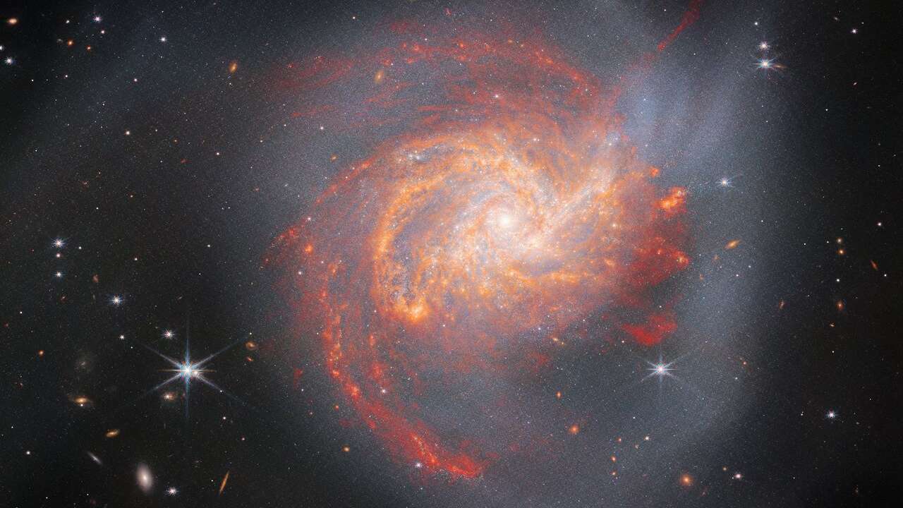 NGC 3256 domina esta imagem do Telescópio Espacial James Webb. Do tamanho da Via Láctea, esta galáxia peculiar fica a cerca de 120 milhões de anos-luz de distância, na direção da Constelação de Vela, e é parte do Superaglomerado Hidra-Centauro. NGC 3256 pode parecer pacífica, como um redemoinho de braços espirais entrelaçados, em uma nuvem nebulosa de luz. No entanto, esta imagem mostra as consequências de um antigo choque cósmico. A galáxia distorcida é resultado de uma colisão frontal entre duas galáxias espirais, igualmente massivas, que estima-se tenha ocorrido há cerca de 500 milhões de anos