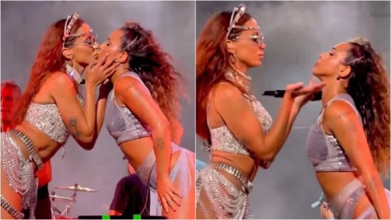 Anitta surpreende público com selinho na bailarina Ohana Lefundes em show no Rio