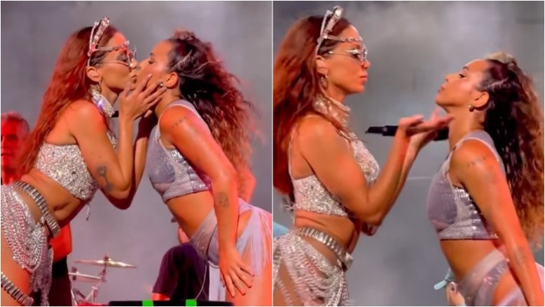 Anitta surpreende público com selinho na bailarina Ohana Lefundes em show no Rio