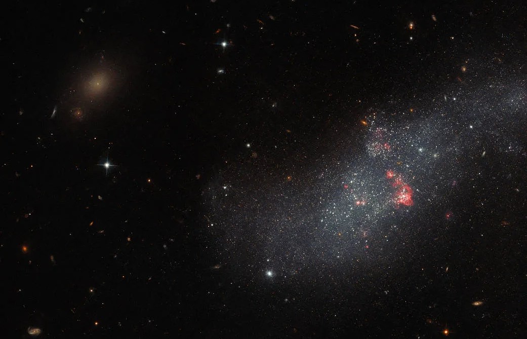 UGCA 307 é uma pequena galáxia que consiste numa faixa difusa de estrelas, contendo bolhas vermelhas de gás, que marcam regiões de formação estelar recente. Ela fica a cerca de 26 milhões de anos-luz da Terra, na Constelação do Corvo. UGCA 307 é uma diminuta galáxia anã sem uma estrutura definida, parecendo nada mais do que uma mancha nebulosa de nuvem passageira 
