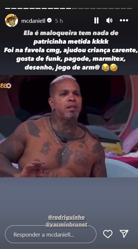 MC Daniel defende Yasmin Brunet após Rodriguinho chamá-la de 'patricinha' no 'BBB24' 2 MC Daniel defende Yasmin Brunet após Rodriguinho chamá-la de 'patricinha' no 'BBB24'