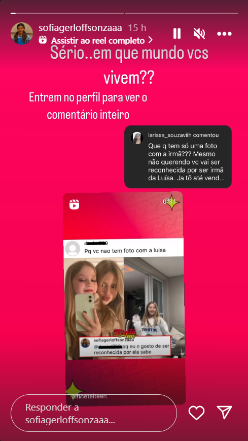 Irmã de Luísa Sonza rebate críticas por não publicar cliques com a cantora: ‘Em que mundo vocês vivem?' 3 Irmã de Luísa Sonza rebate críticas por não publicar cliques com a cantora: ‘Em que mundo vocês vivem?'