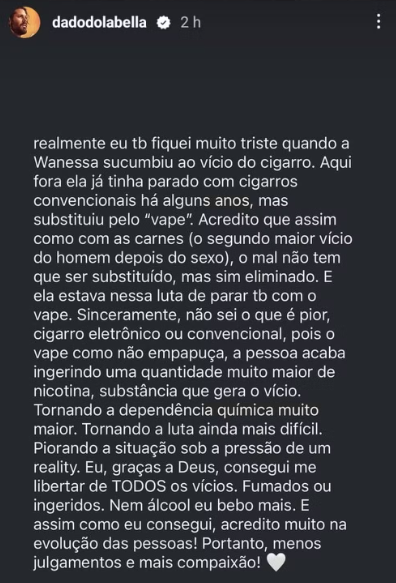 'Sucumbiu ao vício', diz Dado Dolabella sobre tabagismo de Wanessa Camargo no 'BBB24' 2 Story de Dado Dolabella