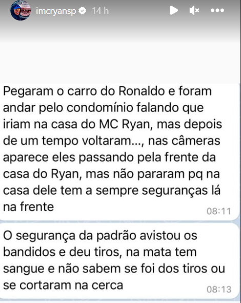 MC Ryan SP detalha tentativa de assalto à sua casa: 'Vocês são loucos?' 3 Story de MC Ryan