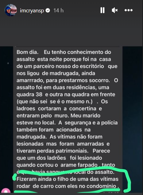 MC Ryan SP detalha tentativa de assalto à sua casa: 'Vocês são loucos?' 4 Story de MC Ryan