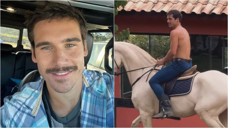 Nicolas Prattes cavalga sem camisa e arranca suspiros da namorada, Sabrina Sato