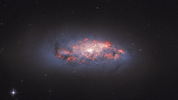 Esta imagem do Telescópio Espacial Hubble mostra bolsões brilhantes e coloridos de formação estelar em uma galáxia espiral chamada NGC 972. O brilho laranja-rosado é criado à medida que o gás hidrogênio reage à intensa luz emitida pelas estrelas recém-nascidas próximas. Essas manchas brilhantes podem ser vistas aqui, em meio a fluxos escuros e emaranhados de poeira cósmica. NGC 972 é conhecida desde 1784, já que foi documentada pelo astrônomo William Herschel. Desde então, os astrônomos mediram a sua distância, que é pouco menos de 70 milhões de anos-luz, na direção da Constelação de Áries