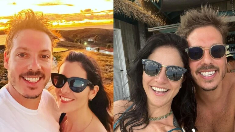Fábio Porchat com Nataly Mega (esq.) e com Priscilla Castello Branco (dir.)