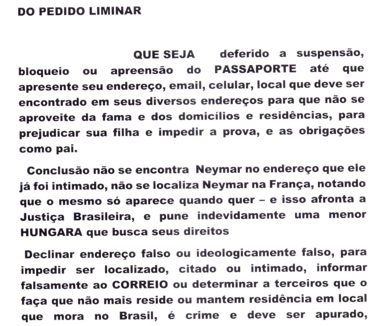 Trecho do processo que pede a cassação do passaporte de Neymar