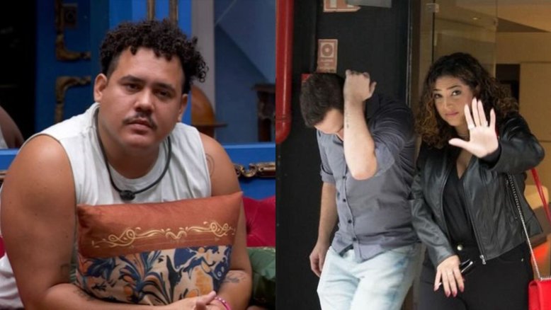 Lucas Buda (esq.) e Camila Moura saindo do motel com um homem (dir.)