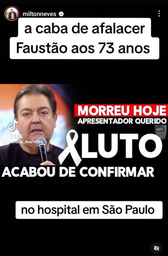Redes sociais de Milton Neves anunciam falsa morte de Faustão - Foto: Instagram