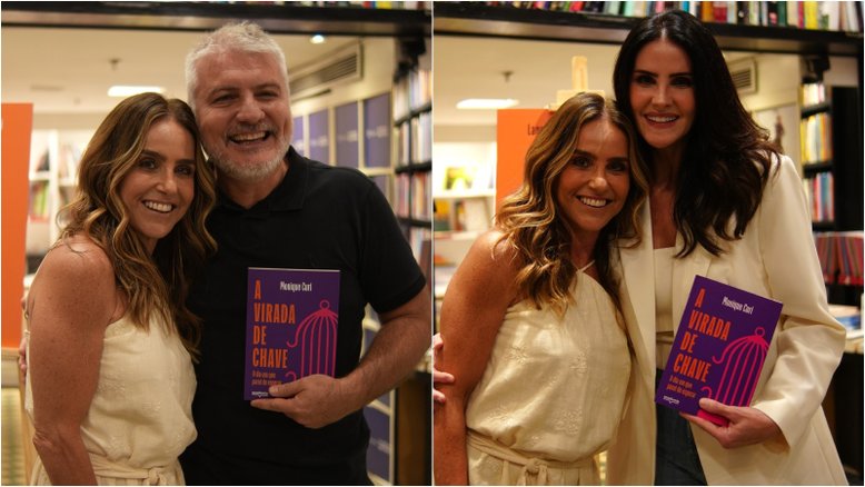 Atriz Monique Curi recebe famosos em noite de autógrafo do seu primeiro livro