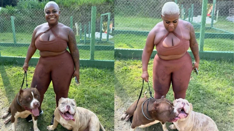 Apresentadora com seus dois cães, Bradock e Bangu