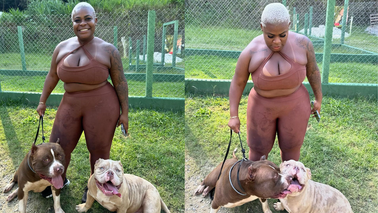 Apresentadora com seus dois cães, Bradock e Bangu