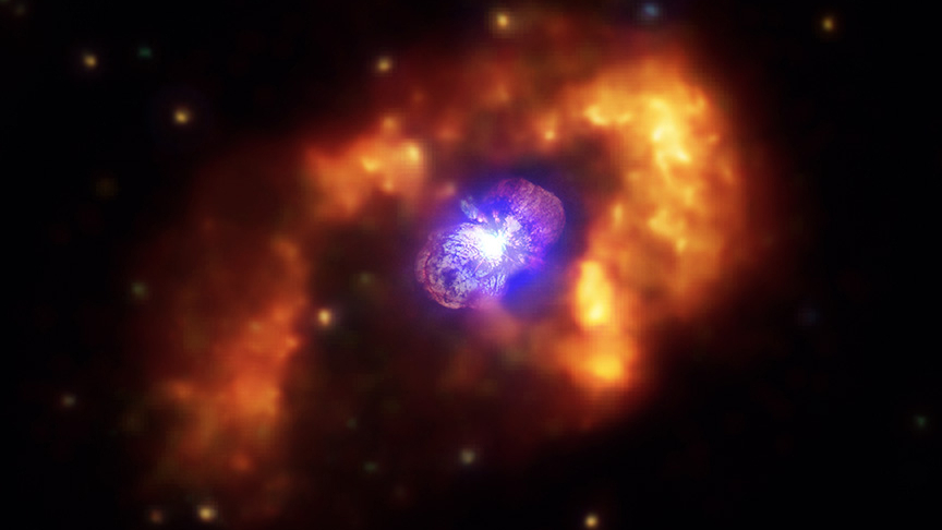 Localizada a cerca de 7,5 mil anos luz de distância, na Constelação de Carina, Eta Carinae contém duas estrelas massivas: uma com aproximadamente 90 vezes a massa do Sol e a outra tem cerca de 30 vezes a massa solar. Em meados do século XIX, Eta Carinae sofreu uma enorme explosão que foi apelidada de “Grande Erupção”. Durante o evento, Eta Carinae ejetou entre 10 e 45 vezes a massa do Sol. Este material tornou-se um denso par de nuvens esféricas de gás, em lados opostos, chamadas agora de Nebulosa do Homúnculo. Esta imagem composta exibe dados em raios-X (laranja) e luz óptica (azul, roxo e branco)