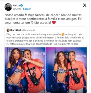 Anitta lamenta morte de fã de 23 anos: 'Muitas orações e meus sentimentos à família'