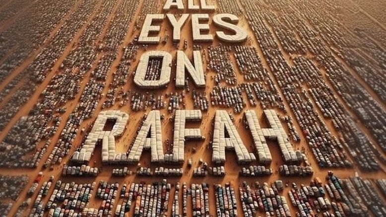 imagem gerada por inteligência artificial (IA) com a legenda "All Eyes On Rafah" (Todos os olhos em Rafah, em português) está sendo compartilhada por milhões de pessoas nas redes sociais