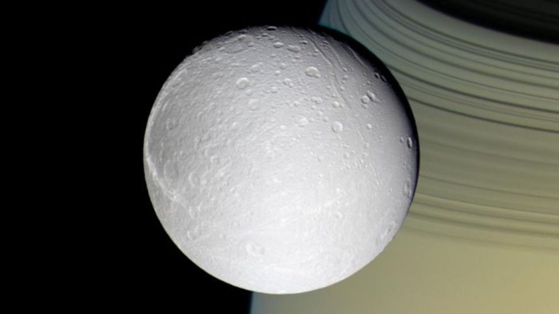 Orbitando no plano dos anéis de Saturno, Dione e as outras luas geladas têm uma visão privilegiada deste lindo planeta gigante gasoso. É claro que, ao passar pelo plano anular, a sonda Cassini também partilhou desta perspectiva deslumbrante. Os anéis mais famosos do Sistema Solar podem ser vistos cortando a parte inferior desta imagem. A pálida Dione, em primeiro plano, tem cerca de 1,1 mil quilômetros de diâmetro e orbita a mais de 300 mil quilômetros da borda externa visível do anel A
