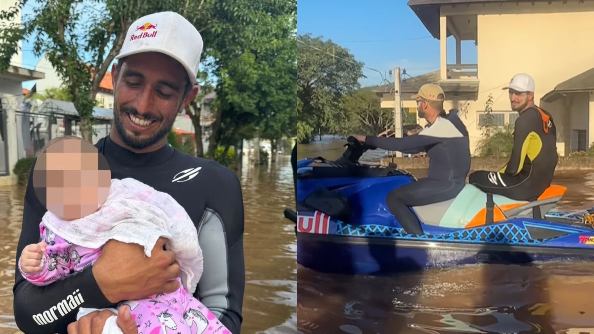 Esposa de Lucas Chumbo se emociona com bebê resgatado pelo surfista no Rio Grande do Sul