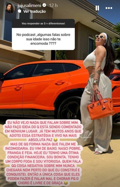 'Passo fome todo dia', diz Juju Salimeni sobre nova rotina alimentar 4 Story de Juju Salimeni