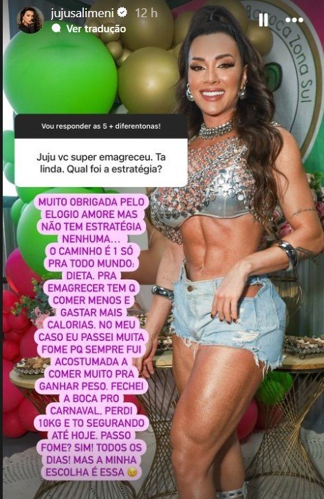 'Passo fome todo dia', diz Juju Salimeni sobre nova rotina alimentar 3 Story de Juju Salimeni