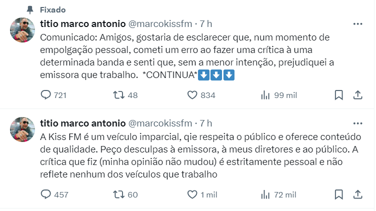 Postagens de Marco Antonio no X/Twitter