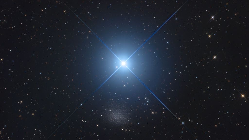 Na primavera do Hemisfério Norte, a brilhante Regulus é fácil de localizar, acima do horizonte Leste. A estrela Alfa da Constelação de Leão é a estrela pontiaguda centrada neste campo de visão telescópico. A apenas 79 anos-luz de distância, Regulus é uma estrela quente e de rotação rápida, que é conhecida por fazer parte de um sistema estelar múltiplo. Não totalmente perdida no brilho, a mancha difusa logo abaixo de Regulus é a luz estelar da pequena galáxia Leão I. A cerca de 800 mil anos-luz de distância, Leão I é uma galáxia anã esferoidal, membro do Grupo Local de galáxias dominado pela nossa Via Láctea e pela Galáxia de Andrômeda (M31)