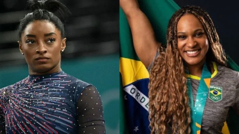 A americana Simone Biles (à esquerda) e a brasileira Rebeca Andrade, atletas da ginástica artística | Montagem/IstoÉ