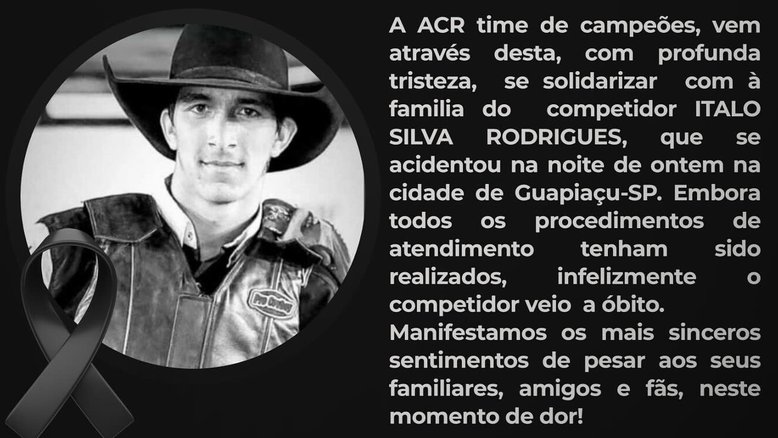 Italo Silva Rodrigues, de 21 anos, morreu após sofrer um acidente e ser pisoteado por um touro durante a 55ª Festa do Peão de Guapiaçu