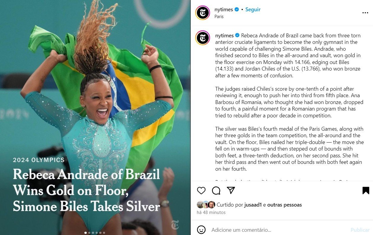Imprensa internacional exalta medalha de ouro de Rebeca Andrade em Paris 2024