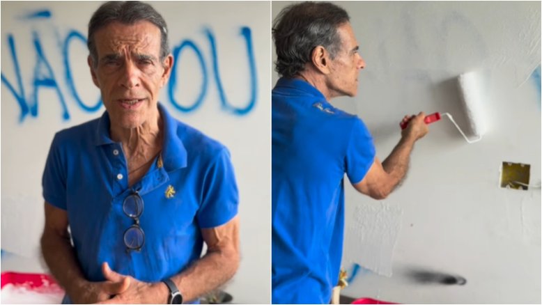 Arrependido, Mário Gomes volta à mansão de onde foi despejado e cobre pichação: 'Me redimir'