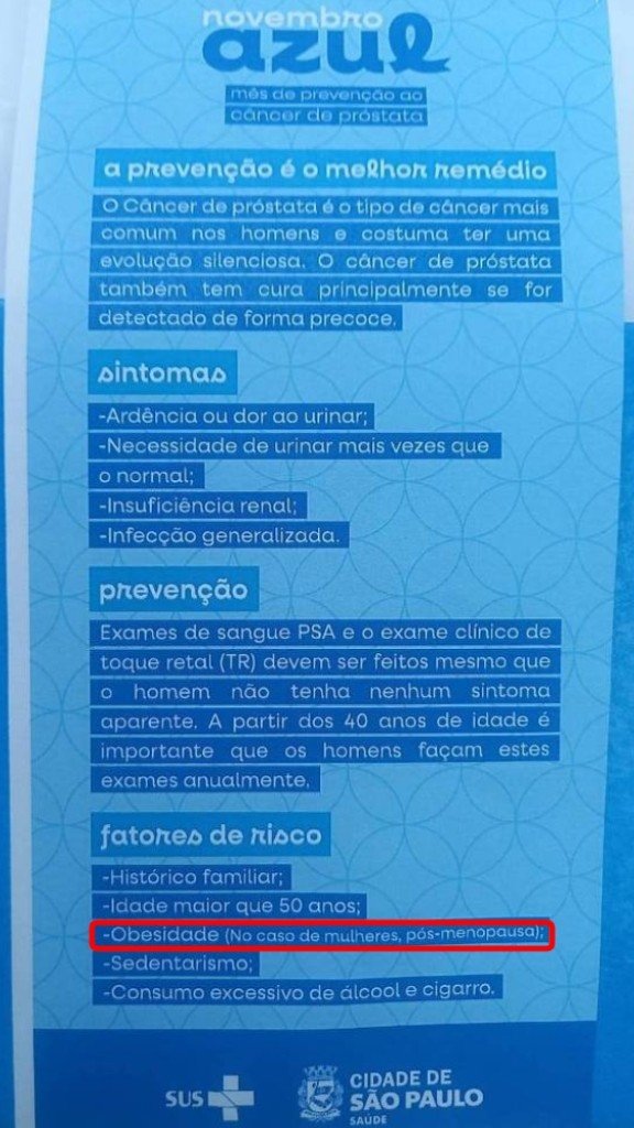 Prefeitura de SP distribui panfleto com erro e alerta mulheres sobre câncer de próstata