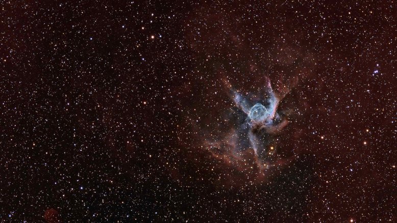 O objeto celeste que recebeu a alcunha de Capacete de Thor (NGC 2359) aparece em destaque nesta paisagem, localizada a cerca de 15 mil anos-luz, na Constelação do Cão Maior. Com tamanho heróico até para um deus nórdico, o Capacete de Thor tem cerca de 30 anos-luz de diâmetro. Semelhante a uma bolha interestelar, ele é resultado dos ventos rápidos de uma estrela massiva e brilhante, localizada perto do centro de uma nuvem molecular. Definida como do tipo Wolf-Rayet, essa estrela central é uma gigante extremamente quente, que está em um breve estágio de evolução pré-supernova
