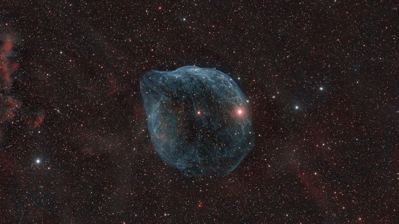 Soprada por ventos rápidos de uma estrela quente e massiva, essa bolha cósmica é enorme. Catalogada como Sharpless 2-308, ela fica a cerca de 5 mil anos-luz de distância, na direção da Constelação do Cão Maior. A estrela que criou a bolha, do tipo Wolf-Rayet, é o ponto brilhante perto do centro da nebulosa. As estrelas Wolf-Rayet têm mais de 20 vezes a massa do Sol e acredita-se que estejam em uma breve fase pré-supernova. A nebulosa soprada pelos ventos estelares tem cerca de 70 mil anos. Os átomos de oxigênio ionizados aparecem em tons de azul. Por conta do seu formato, SH2-308 também é conhecida como Nebulosa Cabeça de Golfinho