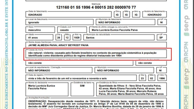 Certidão de óbito de Rubens Paiva