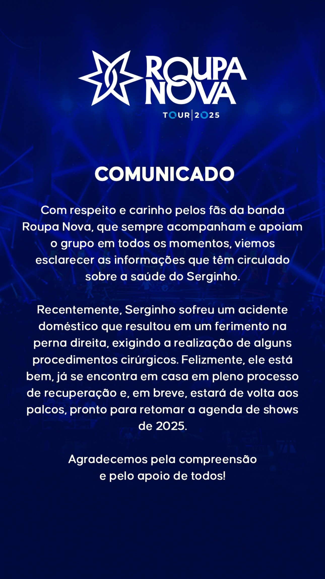 Roupa Nova atualiza estado de saúde de Serginho Herval após acidente