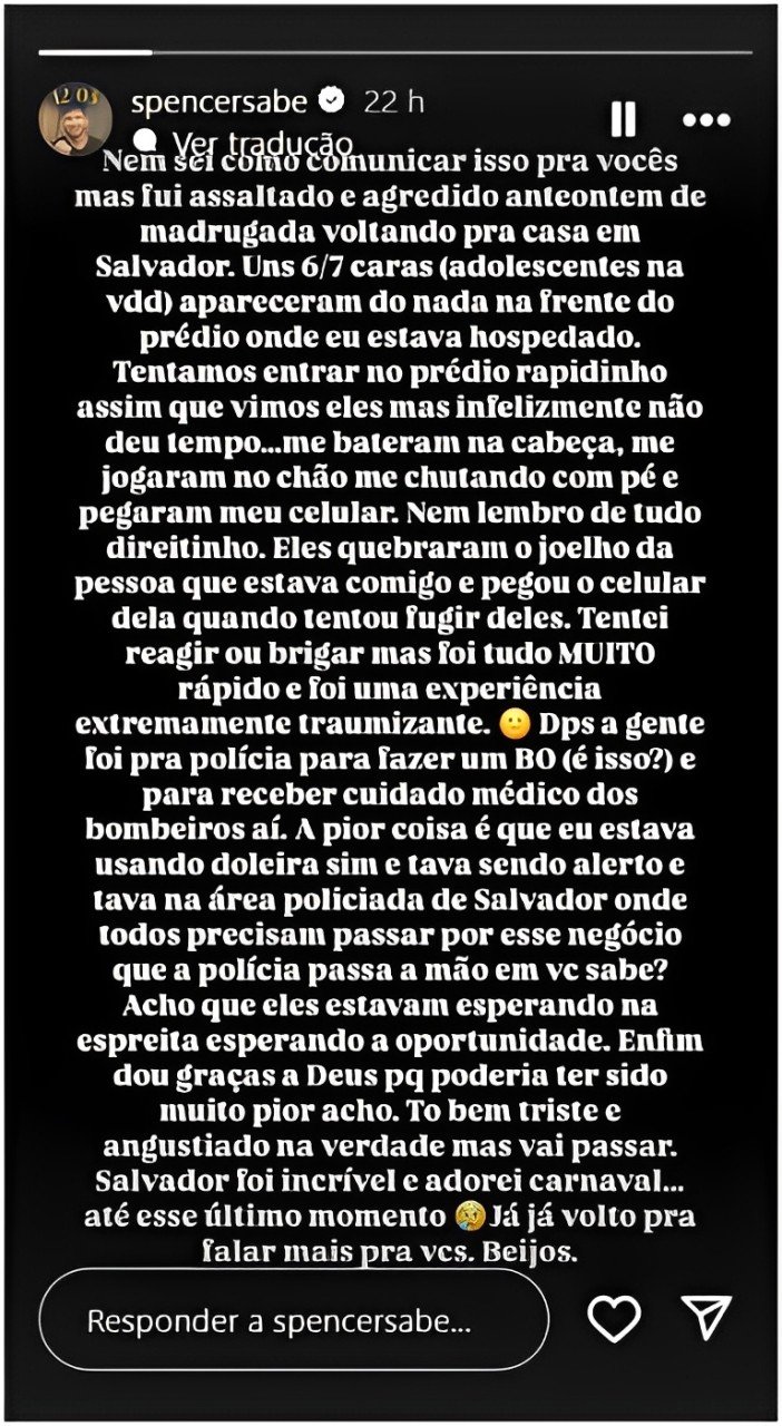 Influencer americano relata assalto e agressão no Brasil: 'Me jogaram no chão’ 2 Influencer americano relata assalto e agressão no Brasil: 'Me jogaram no chão’