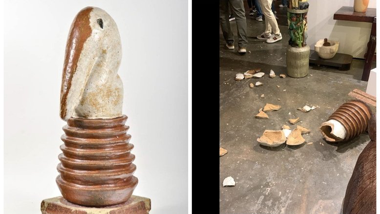 Montagem com duas fotografias. na primeira, o Pássaro Roca de Francisco Brennand, uma peça de cerâmica que lembra um pássaro. Na segunda, o chão da SP-Arte coberto por pedaços da obra destruida