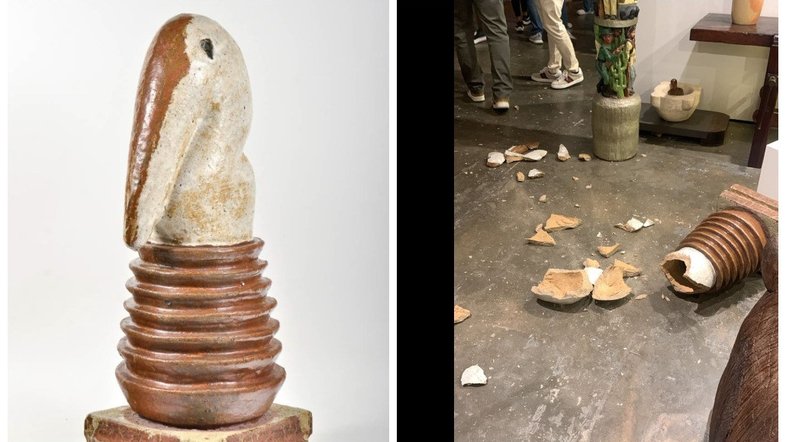 Montagem com duas fotografias. na primeira, o Pássaro Roca de Francisco Brennand, uma peça de cerâmica que lembra um pássaro. Na segunda, o chão da SP-Arte coberto por pedaços da obra destruida