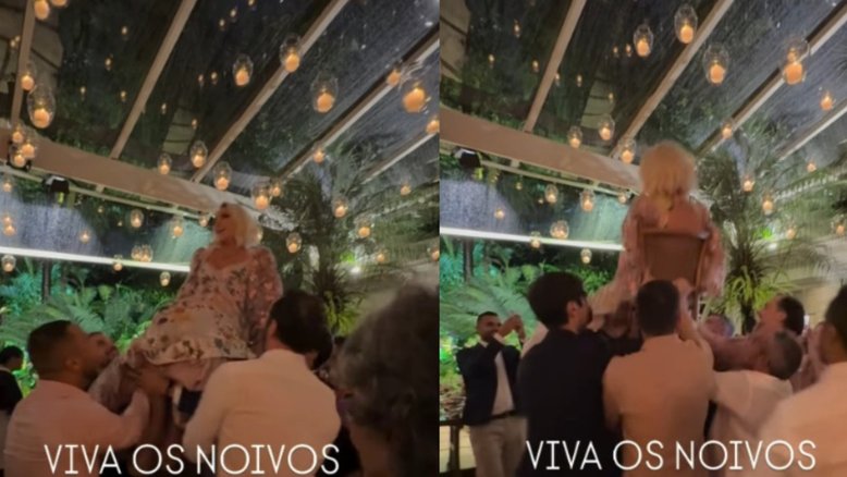 Ana Maria Braga é carregada em cadeira durante seu casamento com jornalista