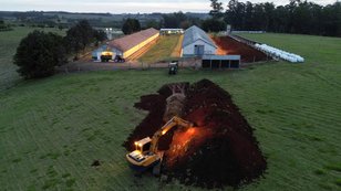 Escavadeira remove terra ao lado de um buraco em uma granja em Montenegro (RS) após o Brasil confirmar seu primeiro surto de gripe aviária