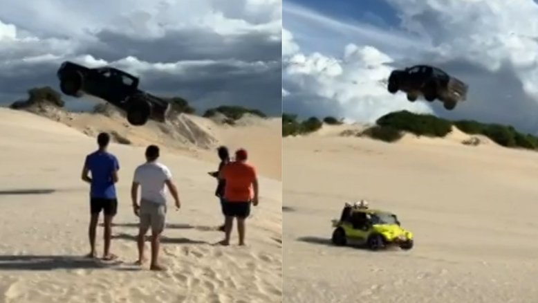 Picape 'voa' sobre buggy e banhistas em dunas no Ceará