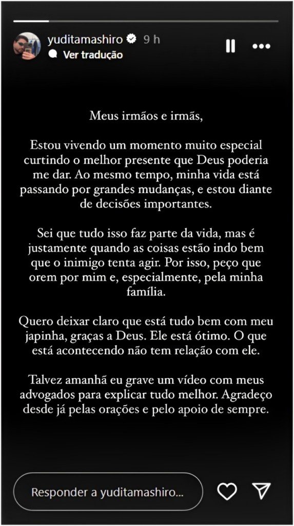 Yudi Tamashiro desabafa após nascimento do filho e pede orações: 'Inimigo tenta agir'